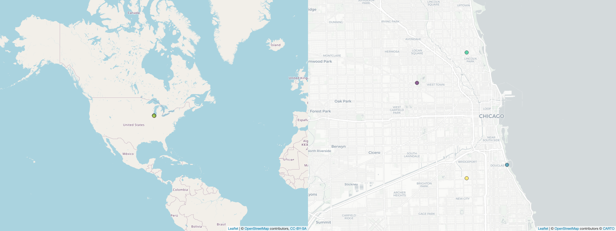Two maps for the points in Chicago. The left one is zoomed out at the scale of the US while the right one is zoomed in to the city itself.